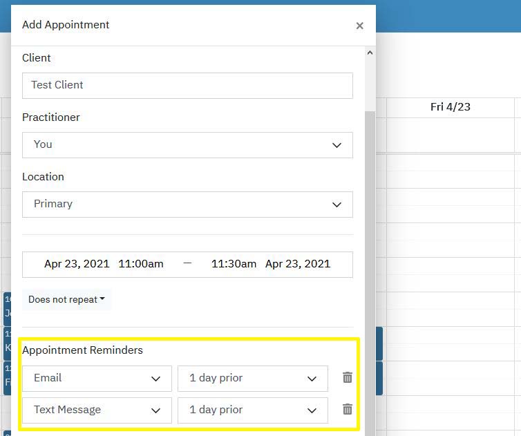 Appointment reminders screenshot on Sessions Health