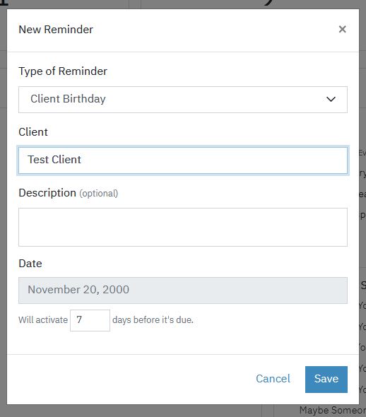 Screenshot of adding a client birthday reminders