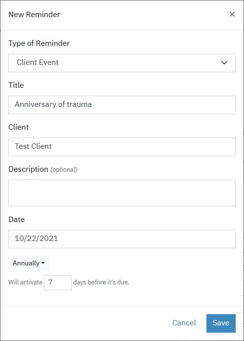 Screenshot of adding a client event