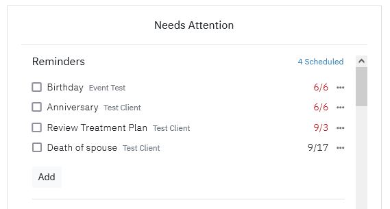 Screenshot of client event reminders