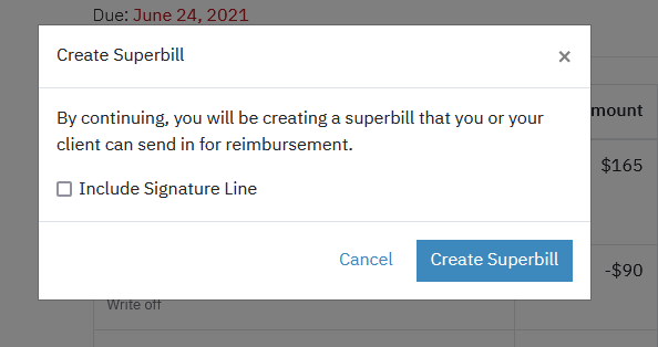 signature line for superbills in Sessions Health