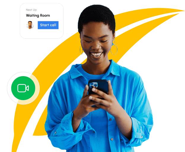 Smiling woman looking at her phone with an overlay showing a prompt to join a telehealth session, illustrating mobile access to virtual appointments and waiting rooms.