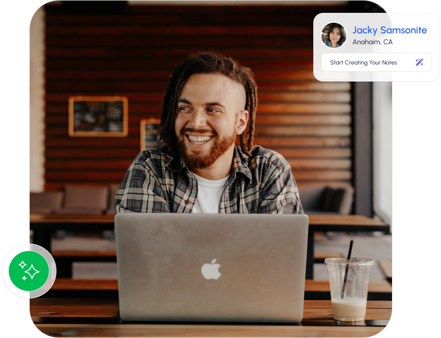 Man smiling while working on a laptop in a café, with an on-screen prompt to start creating notes, illustrating AI-powered documentation and streamlined clinical workflows.