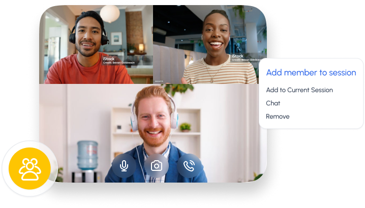 Three people participating in a group telehealth video session with an interface option to add or manage members, illustrating online support for couples and family therapy.