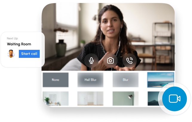 Woman preparing for a telehealth video session with on-screen controls and virtual background options, alongside a waiting-room interface showing the next scheduled call.
