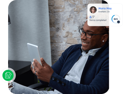Man reviewing information on a tablet with an overlay showing a client’s forms completion status, highlighting streamlined digital documentation and progress tracking.