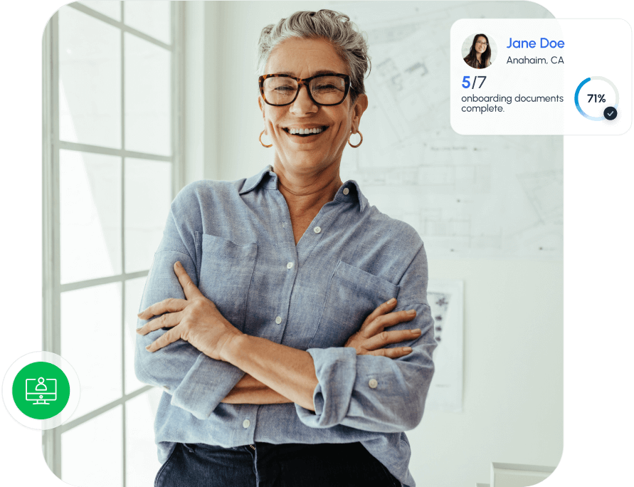 Confident smiling woman standing with arms crossed beside an onboarding status overlay showing completed client documents, illustrating streamlined digital onboarding and progress tracking. If you want a few keyword-specific variants (e.g., intake paperwork, new client workflow, practice onboarding automation), I can generate additional options.
