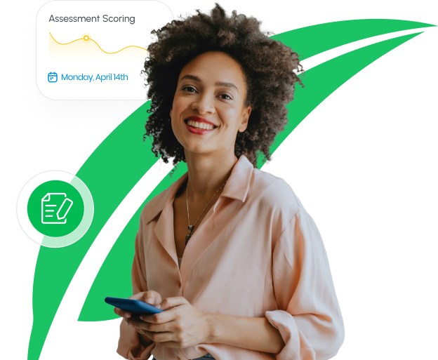 Smiling woman using a smartphone with an “Assessment Scoring” interface displayed, illustrating a digital health assessment tool for tracking patient progress.